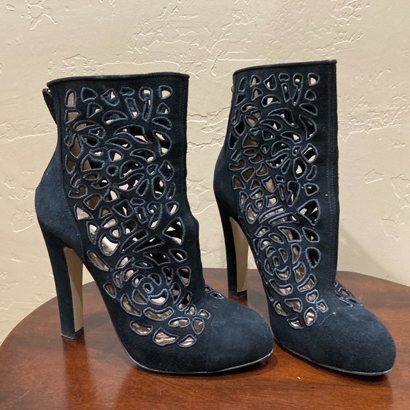 Valentino Garavani Shoes - Valentino Garavani Black Suede Laser Cut Ankle Boots, Size 38